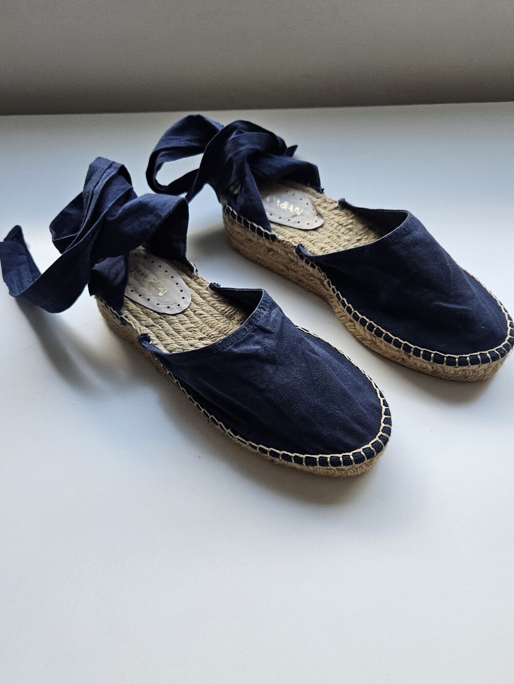 Jox&An Bordeaux Navy Hand Sewn Cotton Canvas Wedge Raffia Wrap Ankle Espadrille
